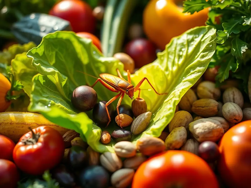 Macro realista de verduras y grillo dorado