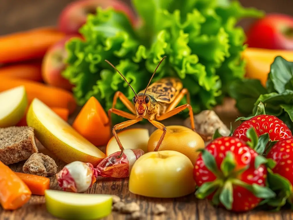 Grillo macro sobre alimentos sanos y tóxicos
