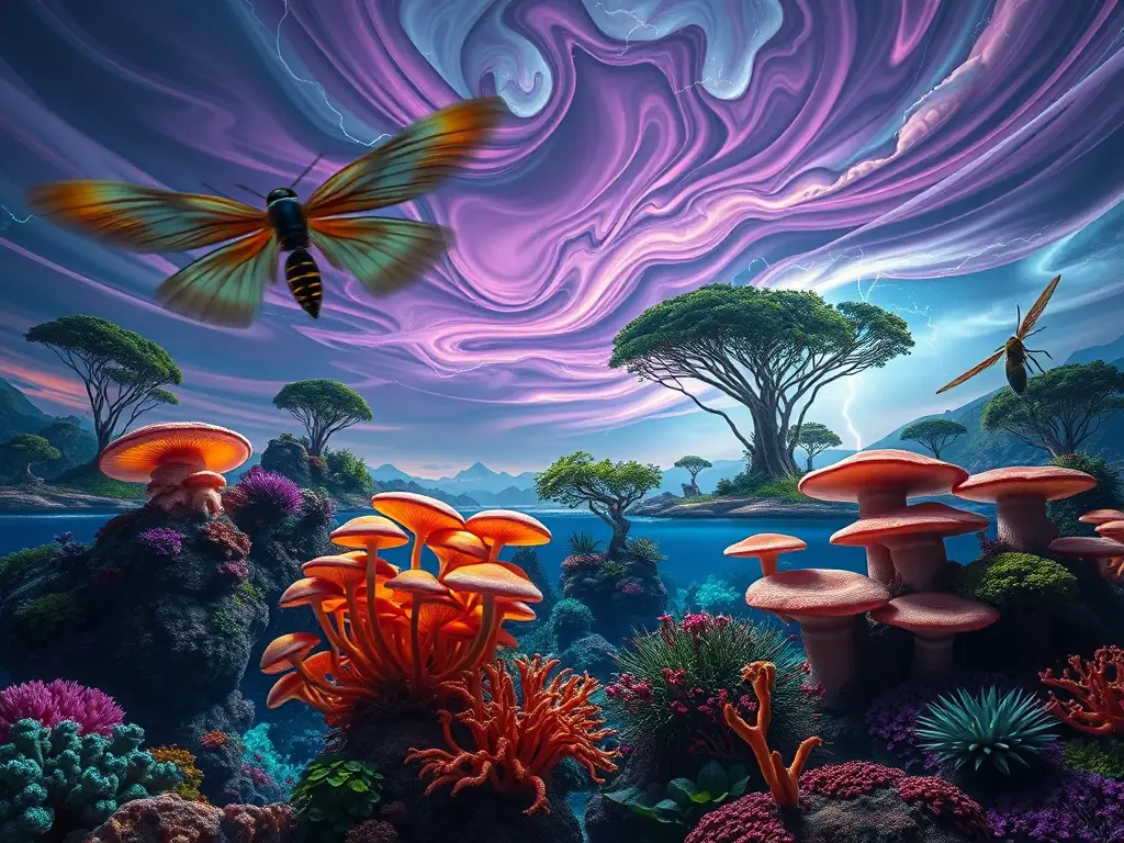 La imagen retrata un ecosistema rico en vida con insectos