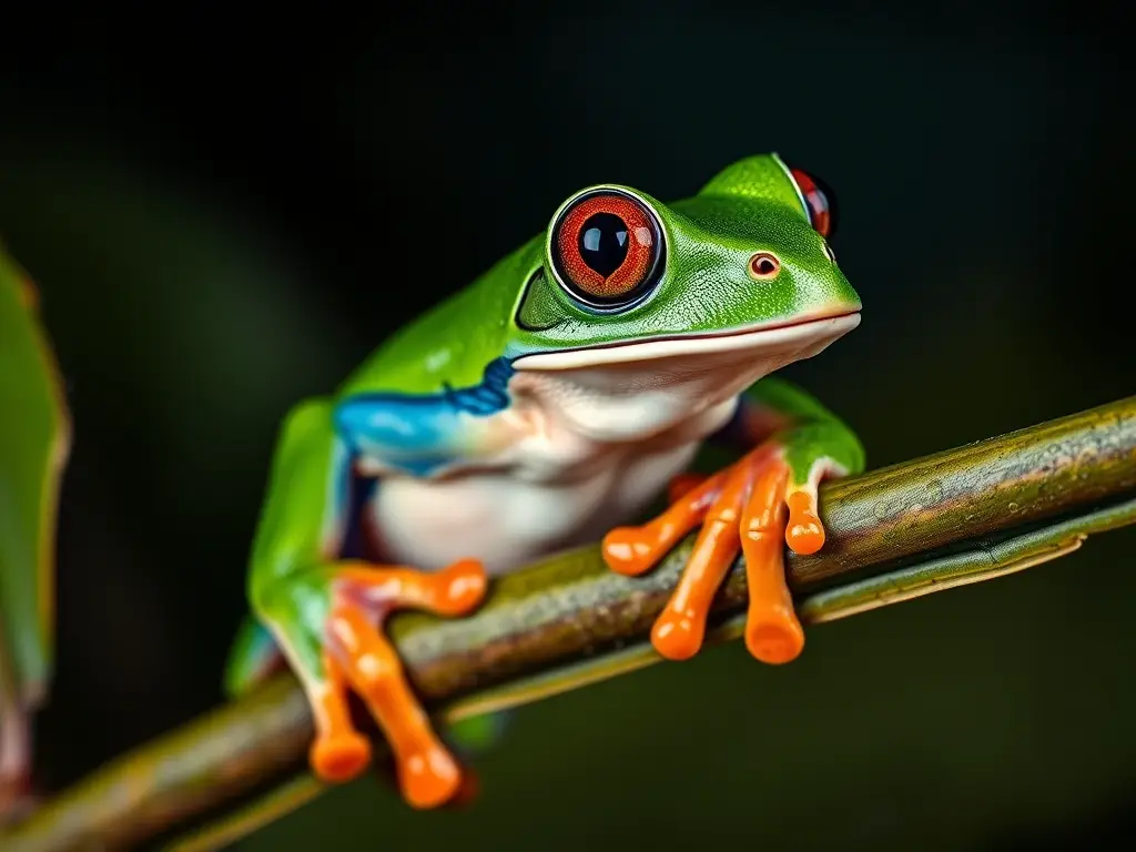 Imagen realista y detallada de una rana de árbol en una rama, con textura real y ojos verdes vibrantes