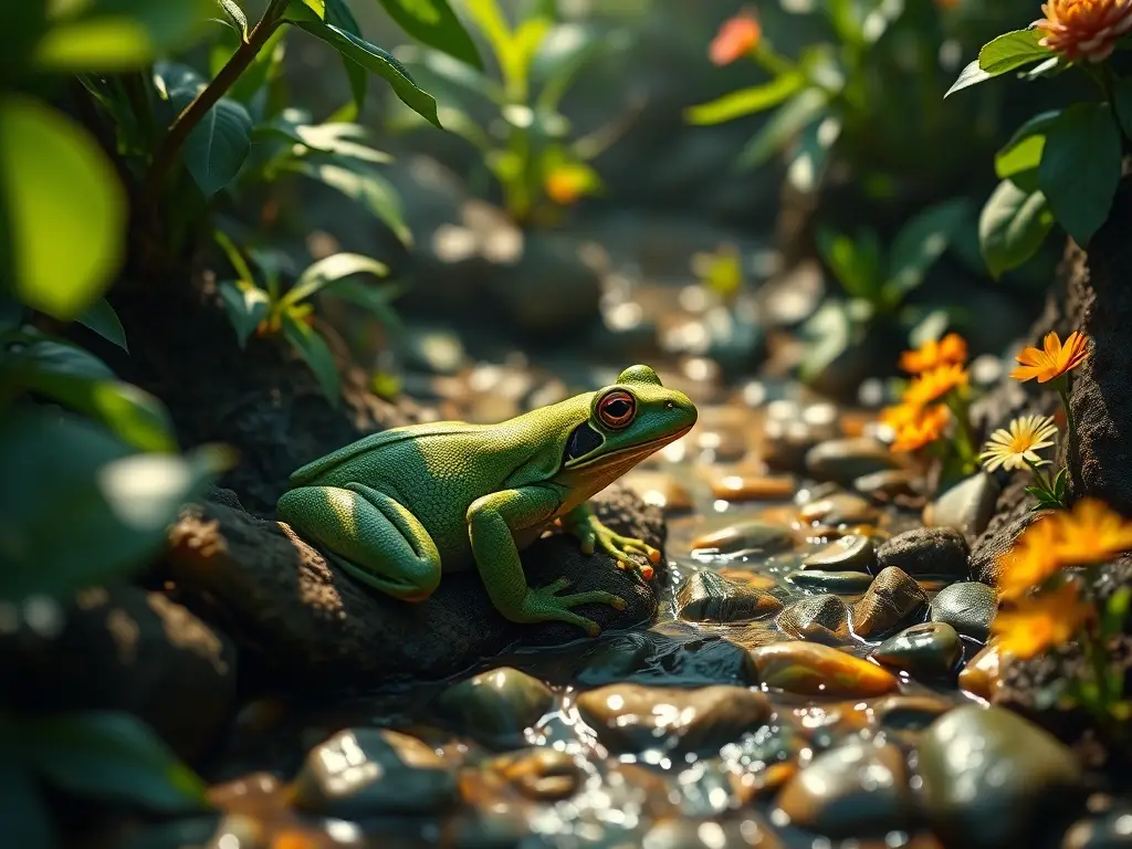 Una majestuosa obra de arte realista que captura la belleza de un hábitat de ranas