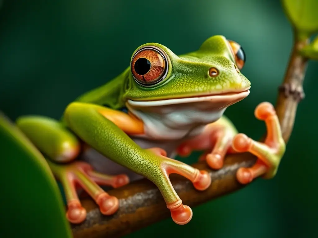 Foto realística de una rana verde en su hábitat natural