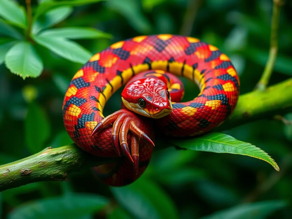 Foto real de una serpiente king venenoso con patrón de colores
