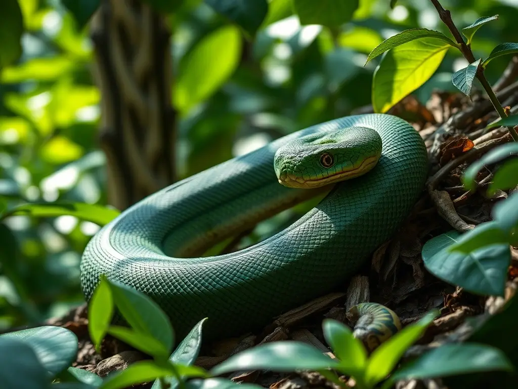 Fotorealista de una boa verde tomando sol en un bosque