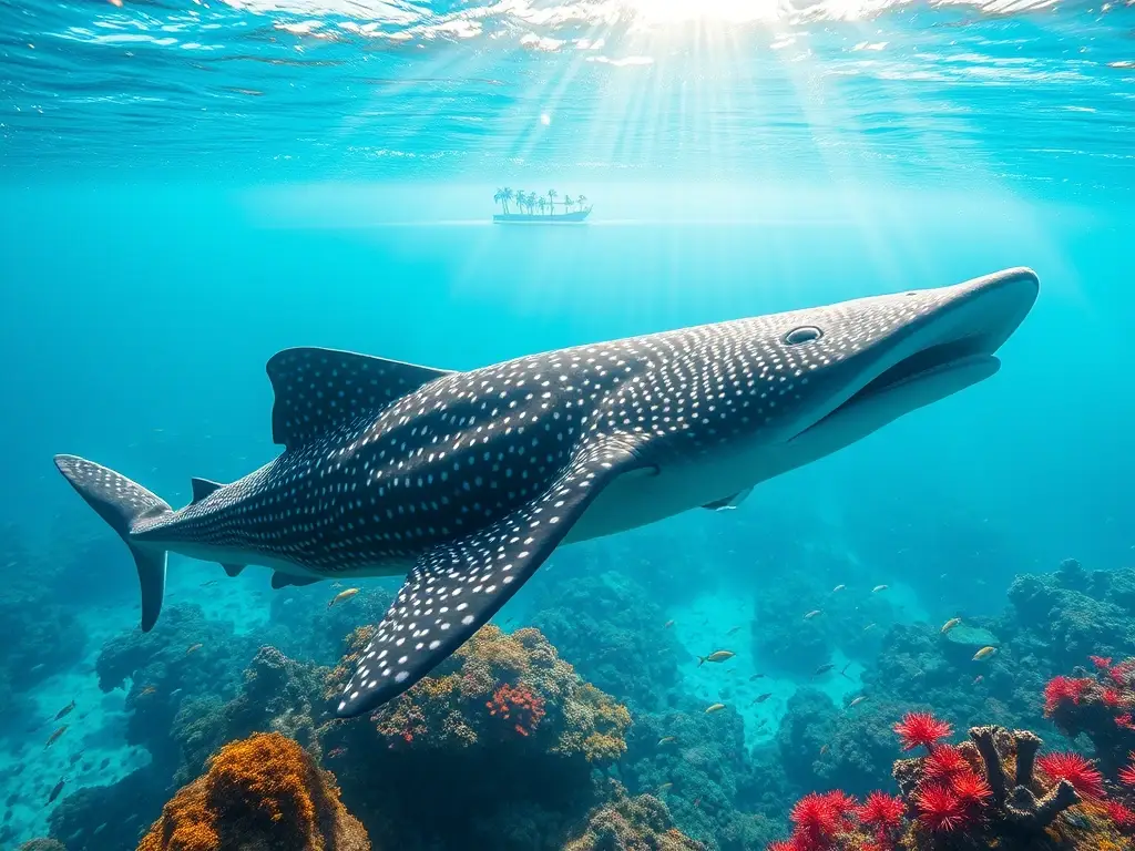 Imponente tiburón ballena nada entre coral