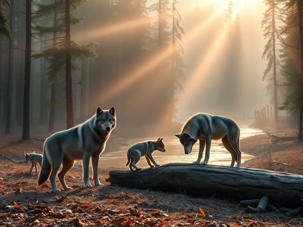 Bosque boreal al amanecer, lobos y amenaza