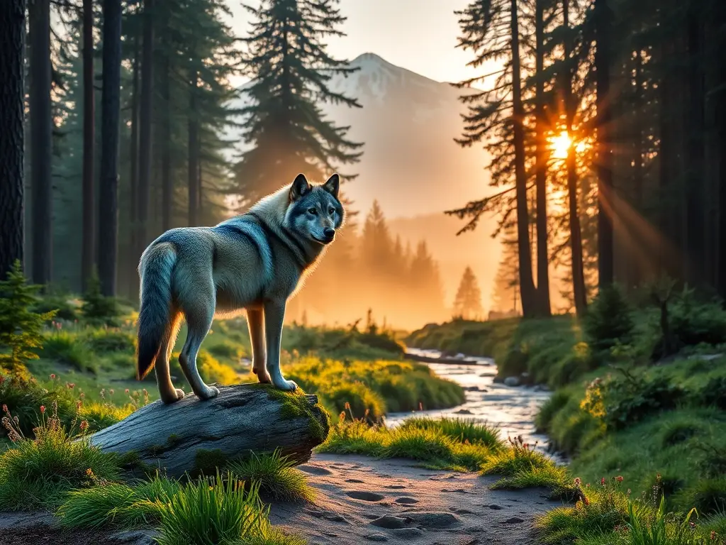 Lobo gris sobre tronco en bosque boreal