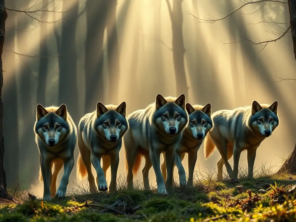 Fotorealista de lobos en bosque antiguo, con niebla y sol