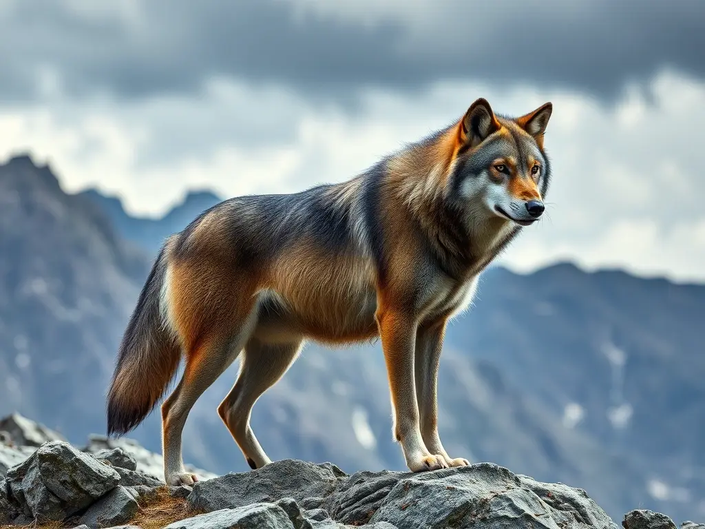 Fotografía realista de lobo salvaje majestuoso en montañas