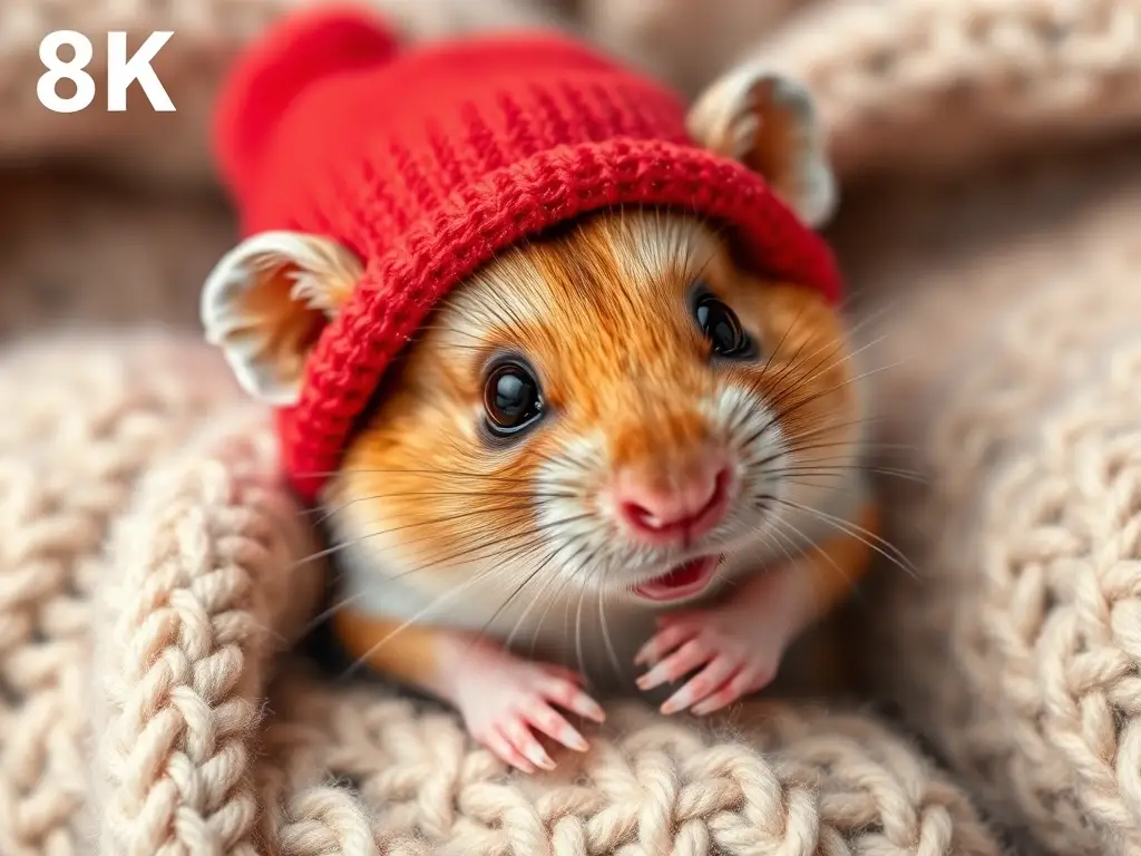 Una fotorealista de un hamster curable en un gorro rojo, mirando con curiosidad