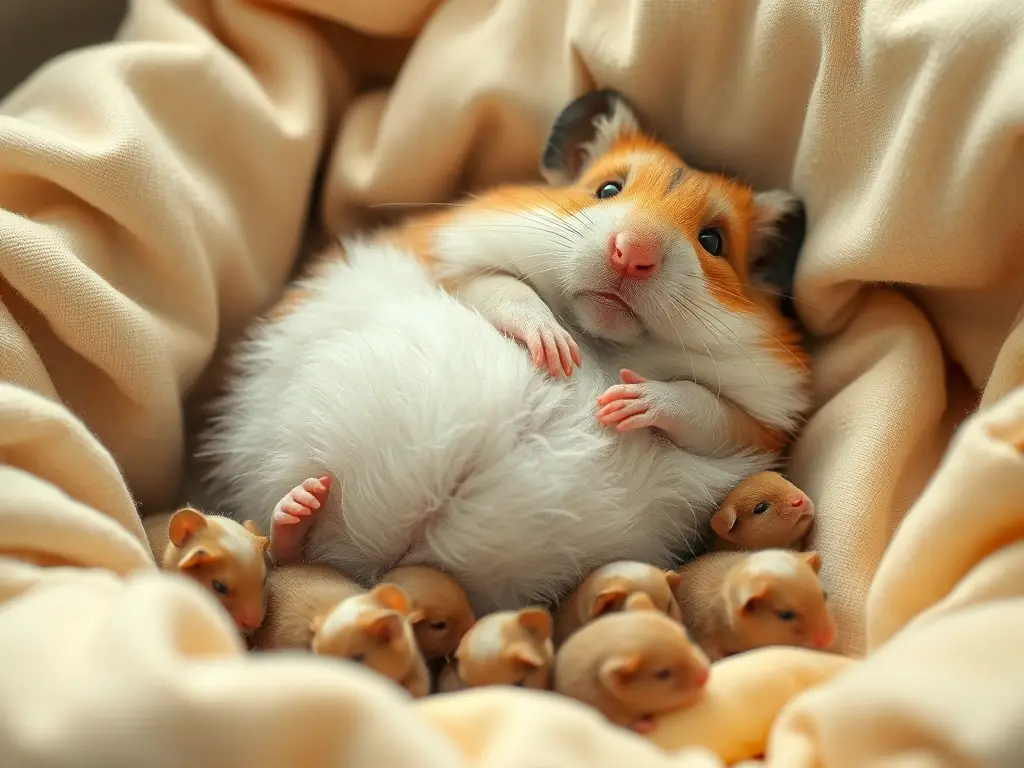 Un hamster embarazada grávida se encuentra en una cuna de telas