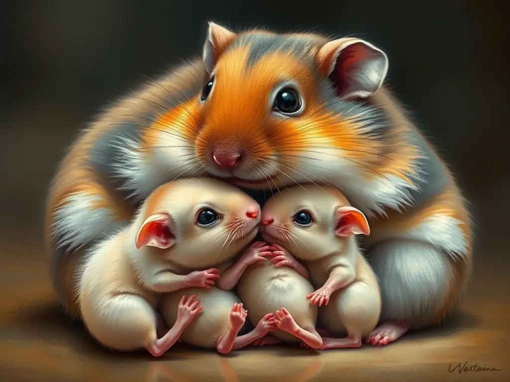 Imagen realista de una madre hamster con sus bebés abrazados