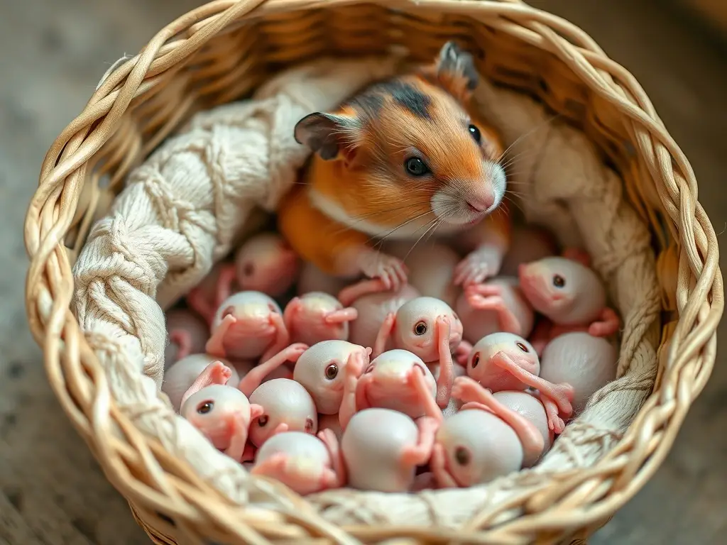 Fotografía realista de una hamster embarazada en una cesta de cálida textura
