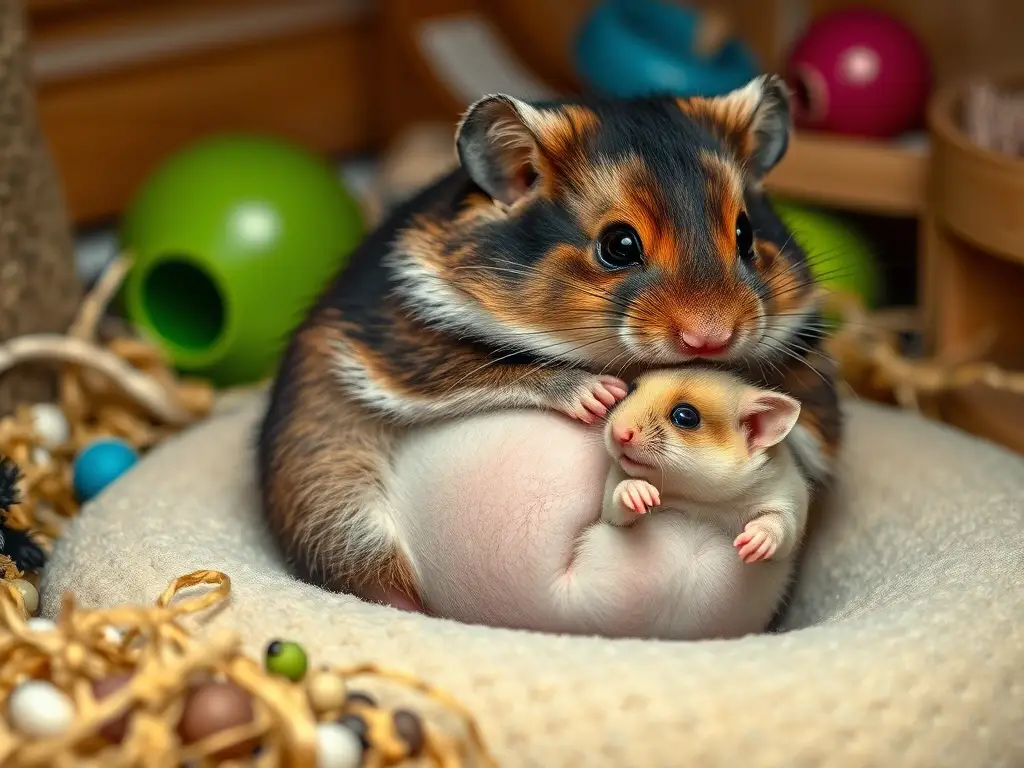 Una obra de arte realista y exquisita de una madre hamster embarazada con su bebé