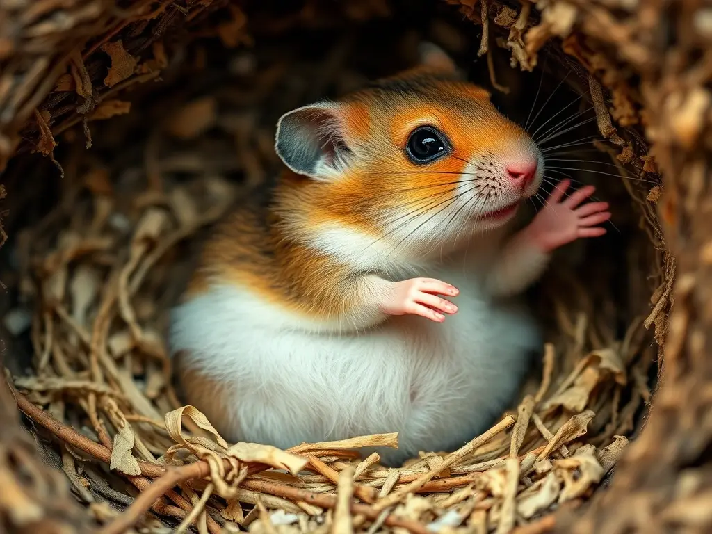 Fotorealistic imagen de un hamster en su refugio, sin texto ni marcas