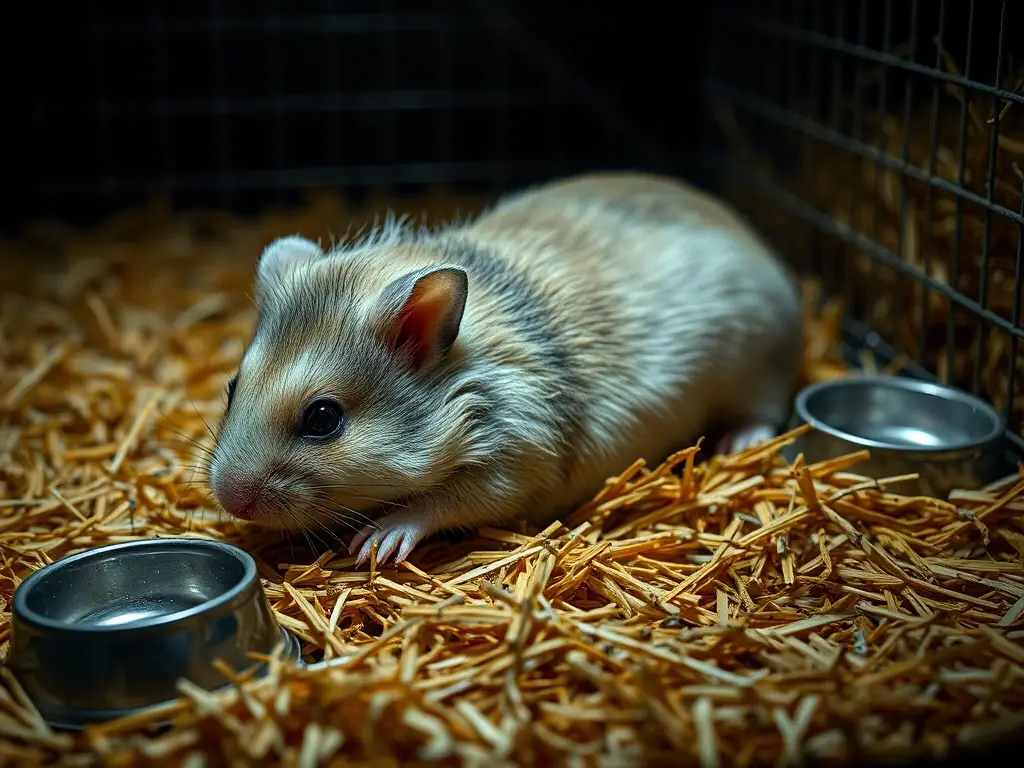 Una imagen melancólica de un hamster enfermo enjaulado