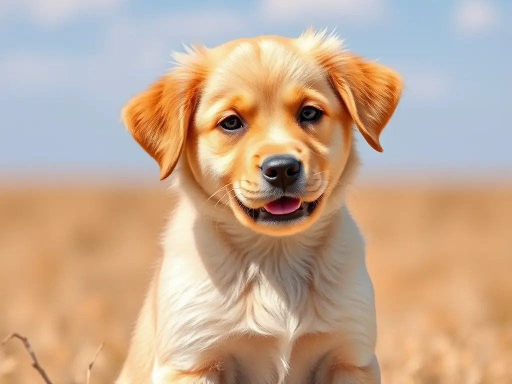 Fotografía realista de un cachorro de retriever dorado con expresión juguetona