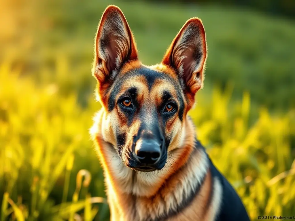 Illustration of a healthy German Shepherd en uncampo verde