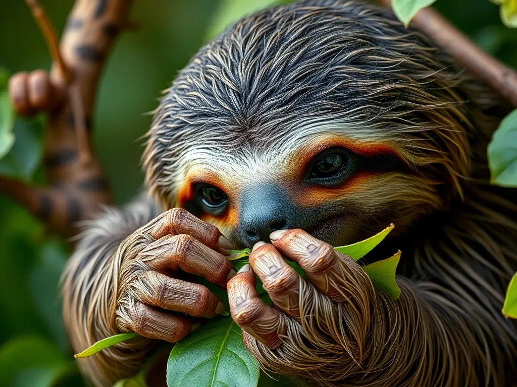 Imagen realista de un perezoso comiendo hojas