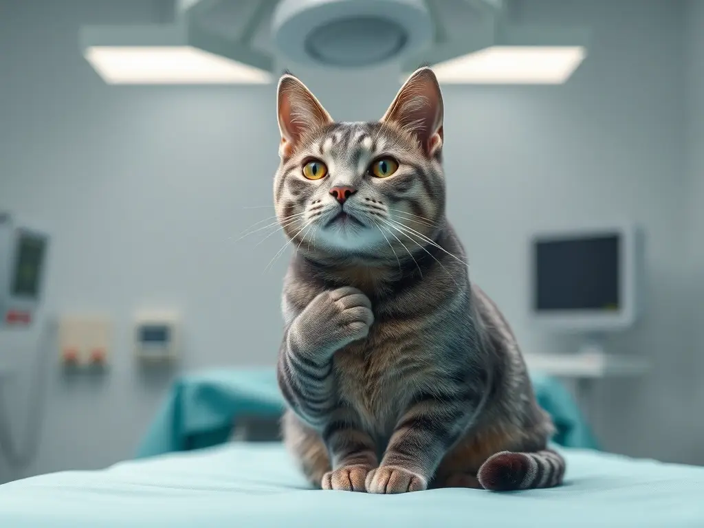 Fotografía realista de un gato gris elegante en una sala de operaciones, 8K, sin texto