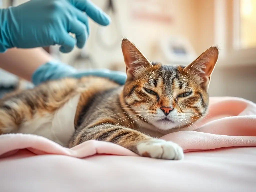Gato sereno post‑esterilización con vendaje