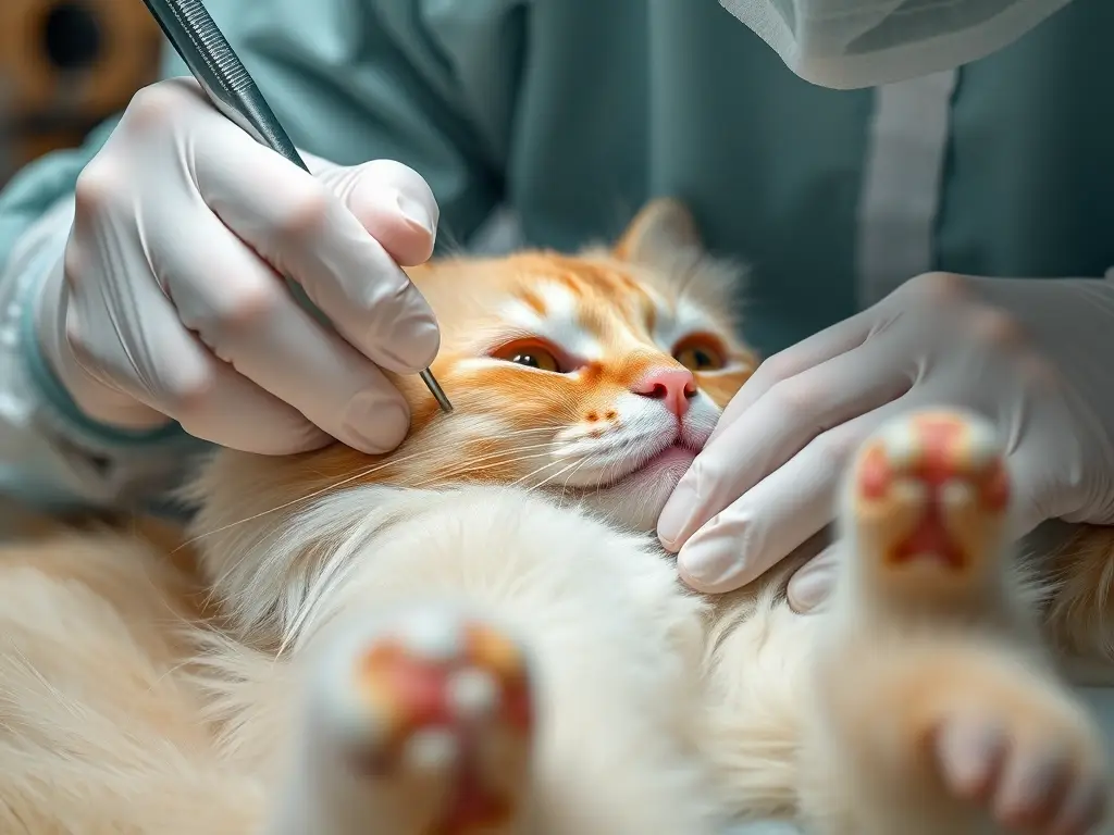 Foto realista, detallista de un veterinario limpiando una herida en un gato persa