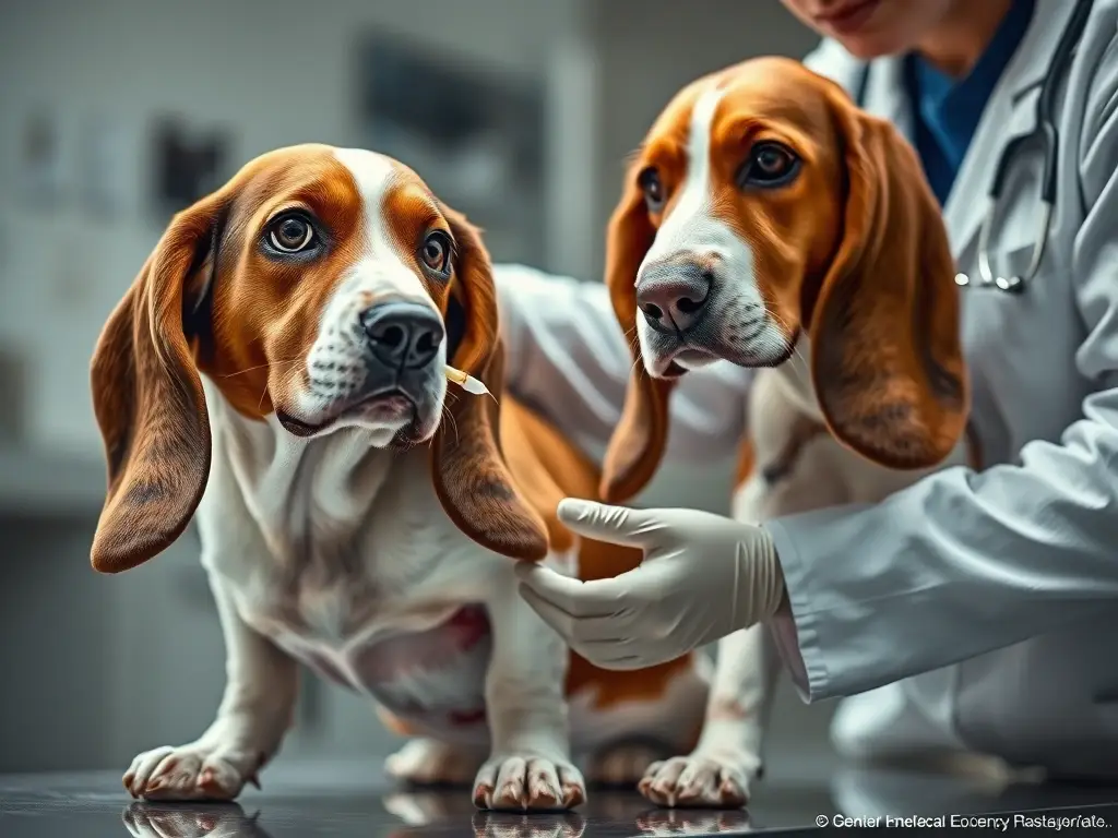 Foto realistic de veterinario examinando a un basset con herida