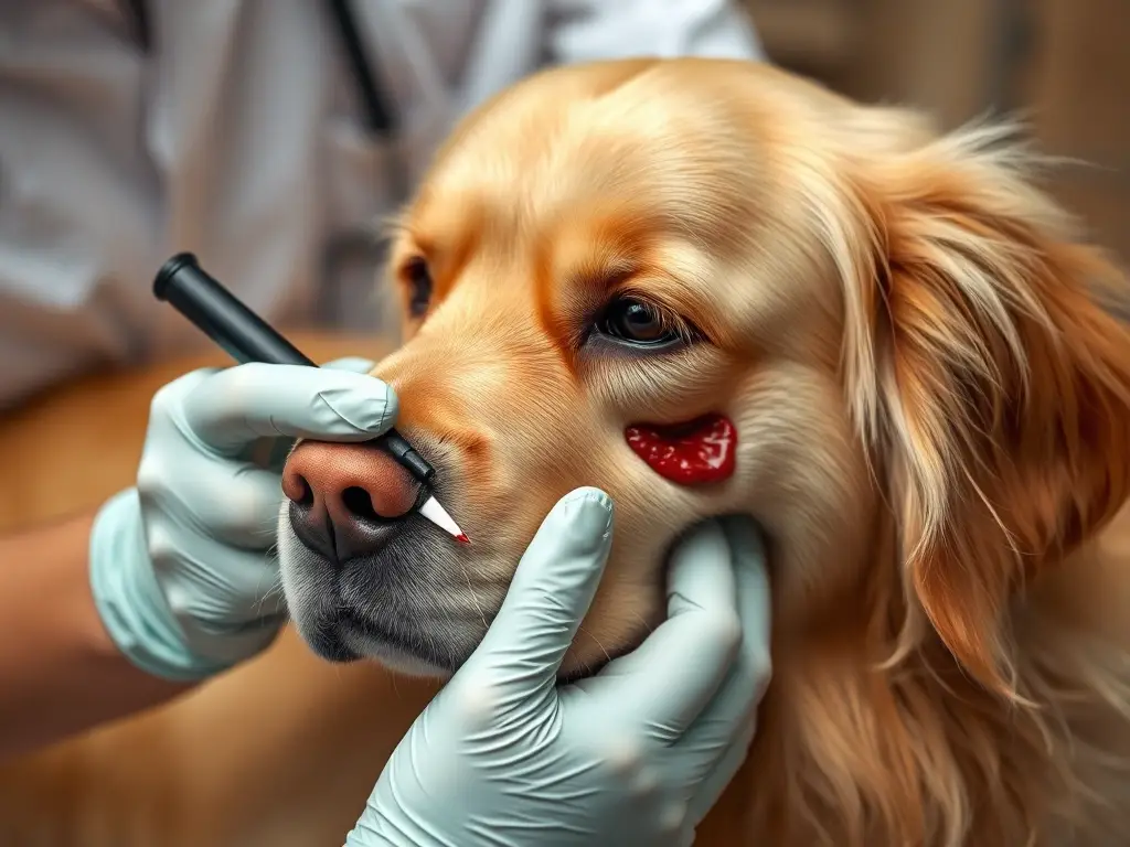 Fotorealista de un veterinari examining a una herida en un Golden Retriever