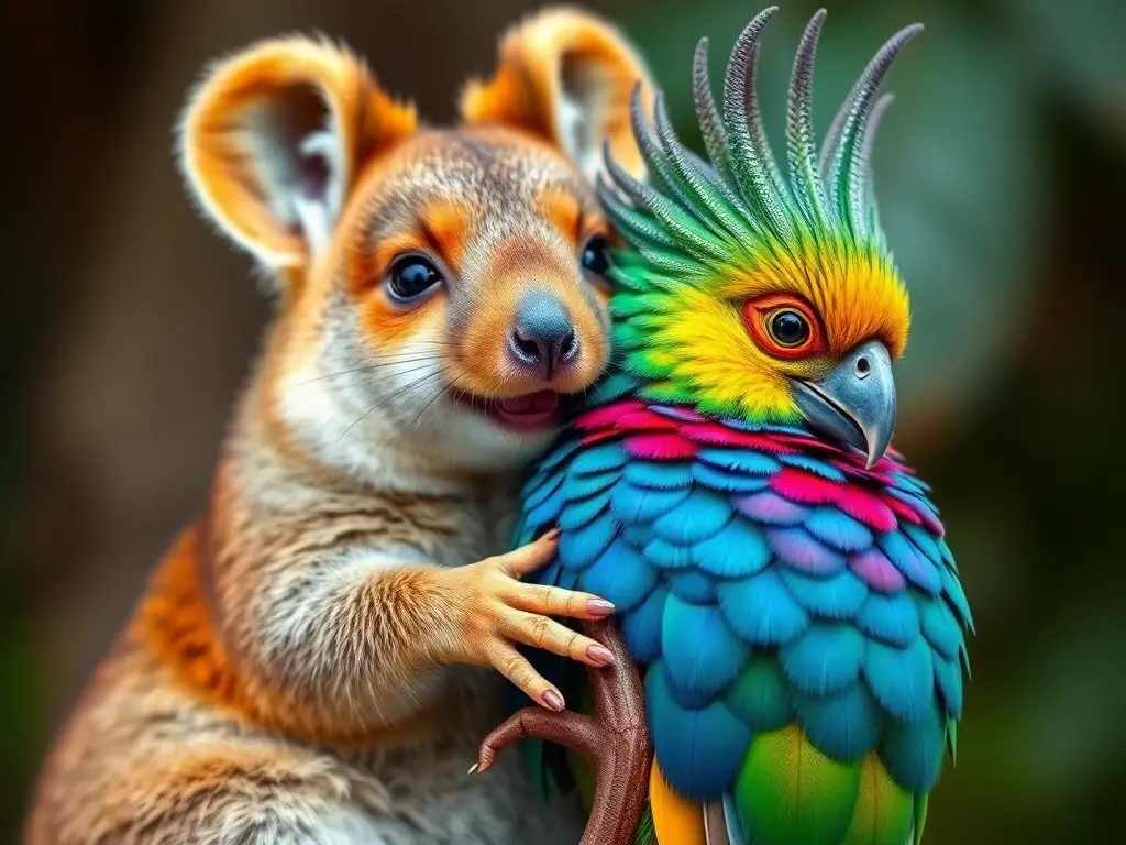 Photorealistic 8k cover de un quokka y un quetzal