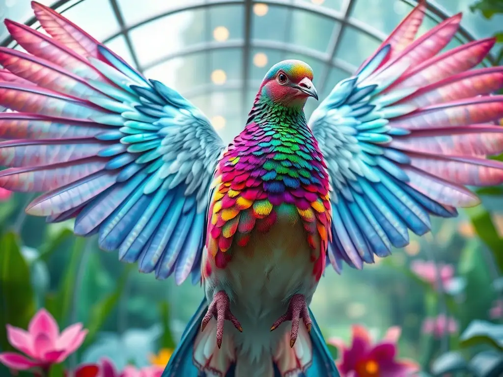 Dove con alas de colores sobre un jardín botánico surrealista