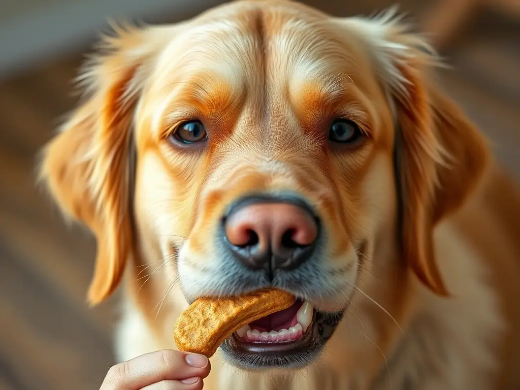 Foto realista de un labrador retriever comiendo un premio