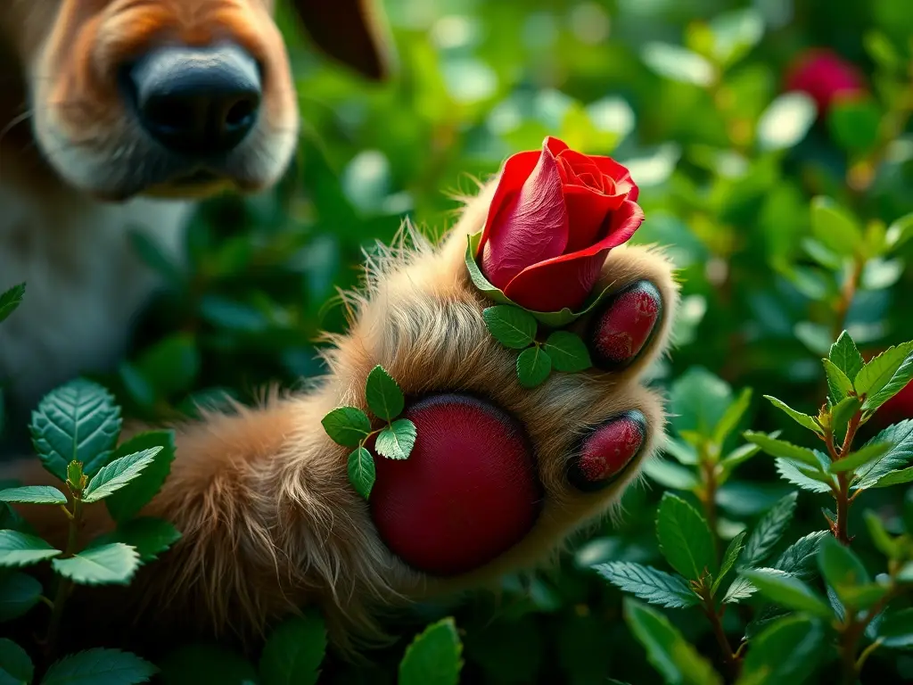 Paw prosperando en verde vibrante con una rosa roja