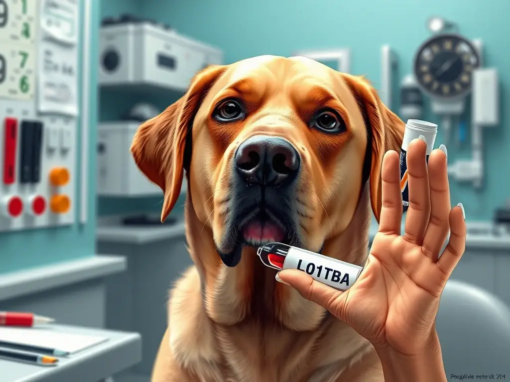 Fotografía realista de labrador retriever examinando muestra de sangre en consulta veterinaria