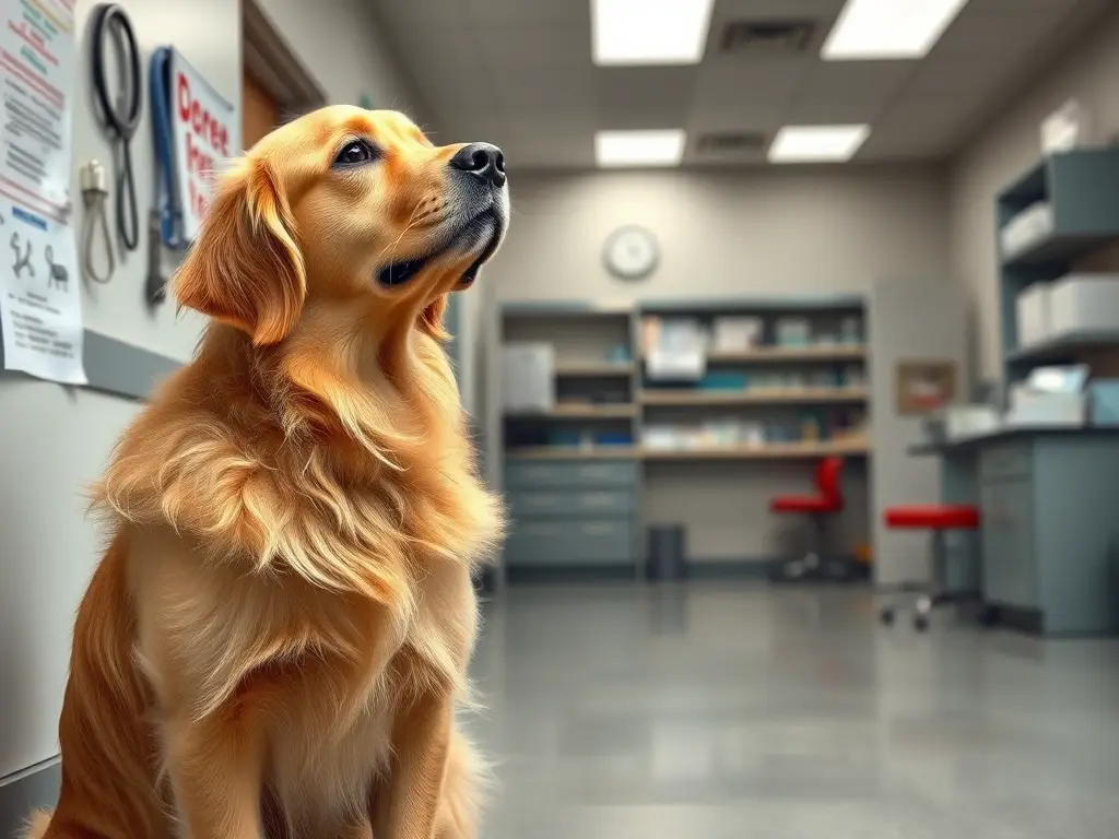 Fotografía realista de un labrador retriever paciente cerca de un veterinario, sin distorsiones