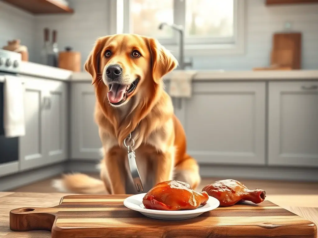 Perro feliz junto a hígado en cocina