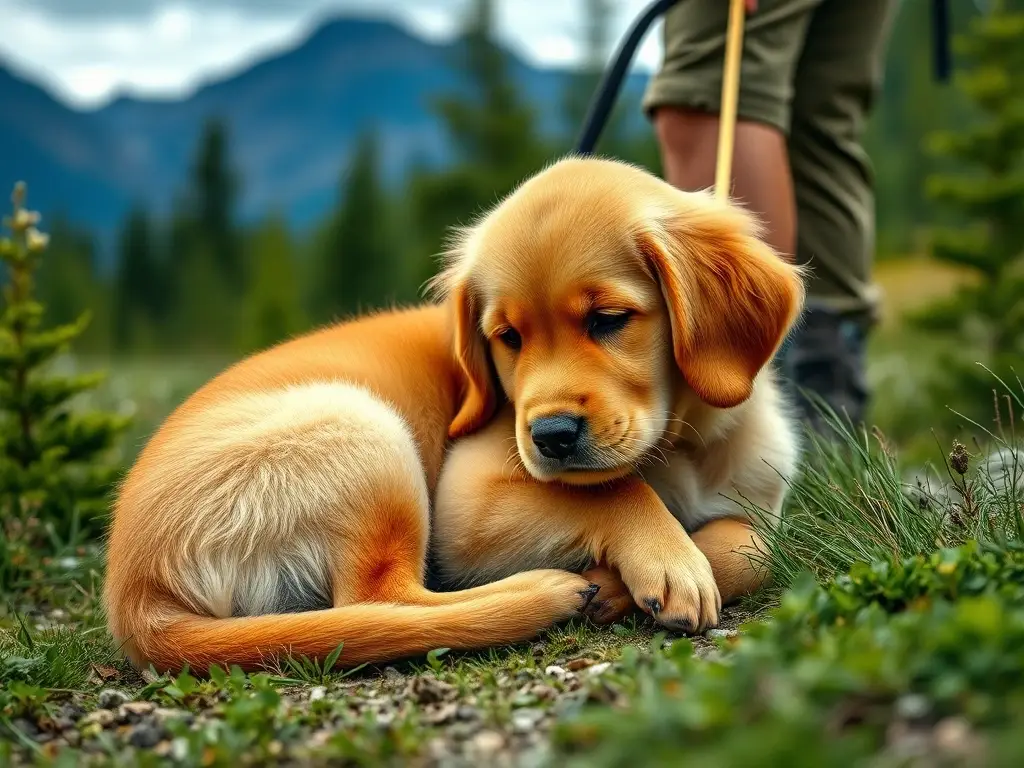 Fotografía de un cachorro de labrador retriever curtido con una cuerda, al aire libre