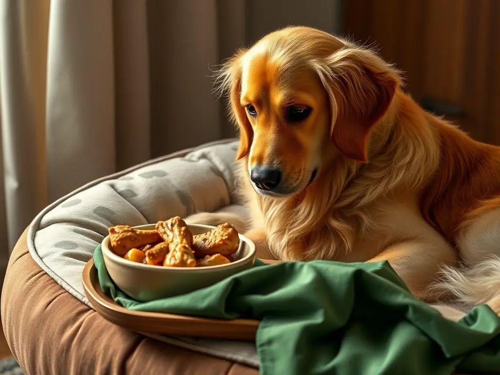Fotografía realista de un Golden Retriever comiendo pollo