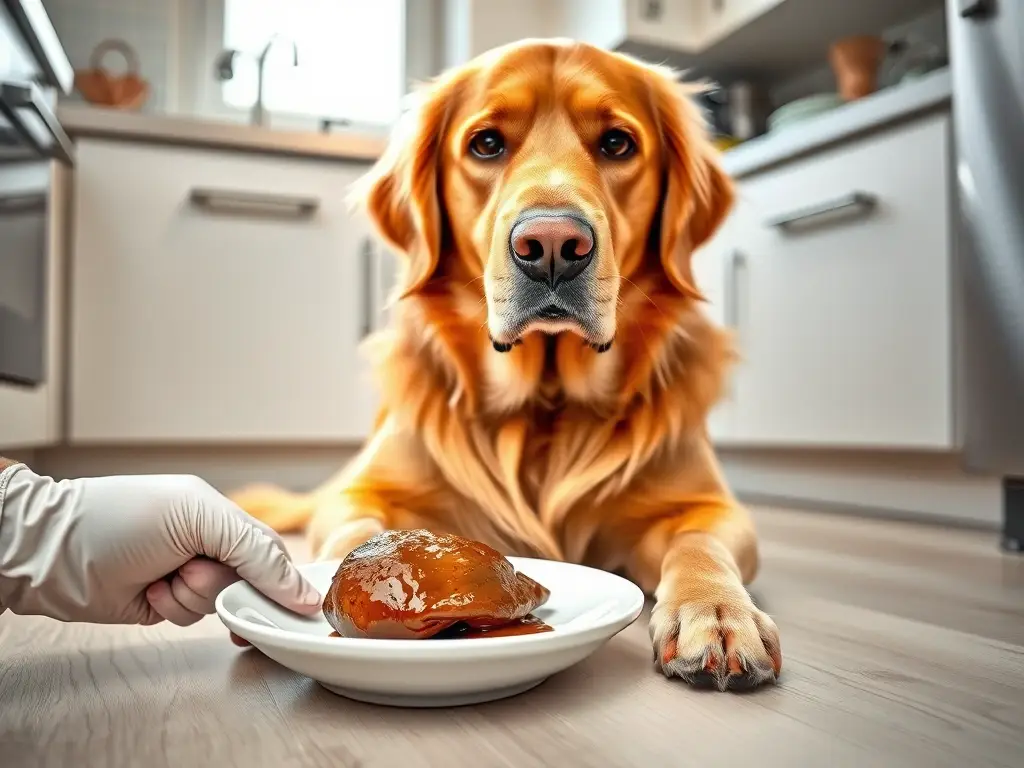 Perro golden observa hígado, mano veterinaria cuida