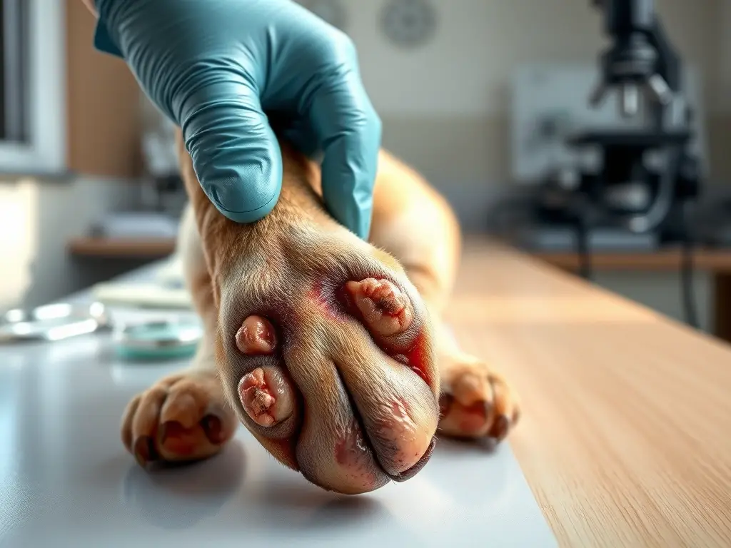 Veterinario examina pata enferma de perro