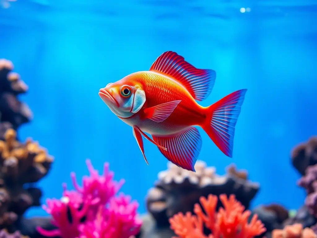 Descripción artística de un tanque acuático con pez betta de colores vibrantes