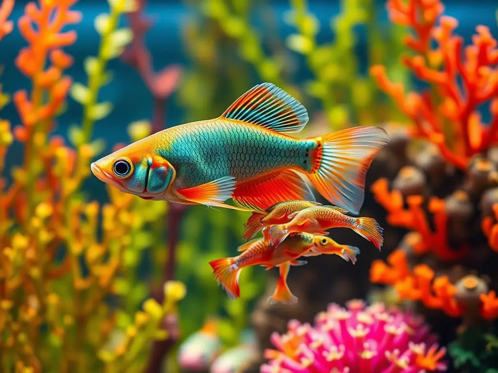 Imagen realista de madre guppy comiendo a pequeños peces