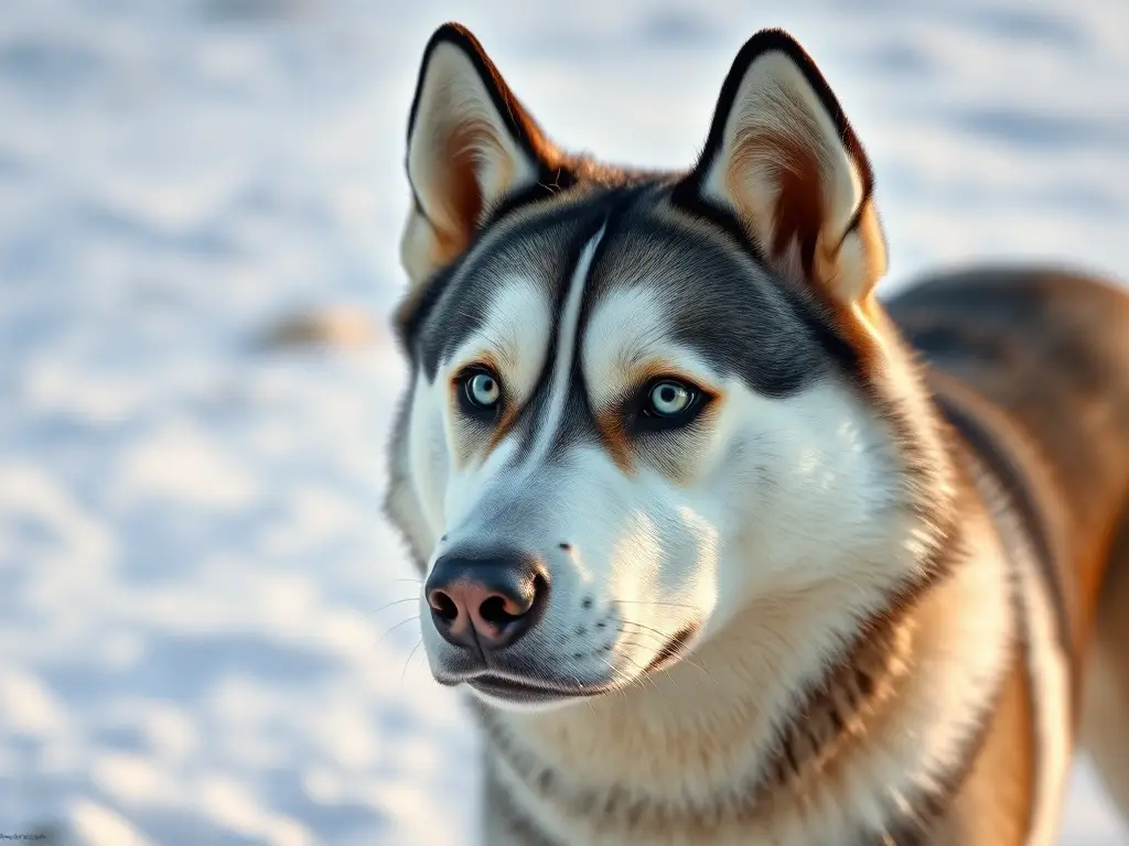 Una foto realista del Husky con capa de nieve