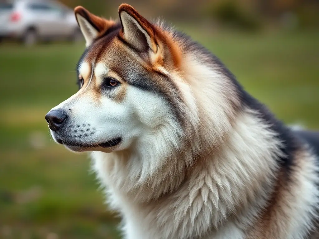Fotografía realista de un malamute en perfil, majestuosa y con detalles precisos
