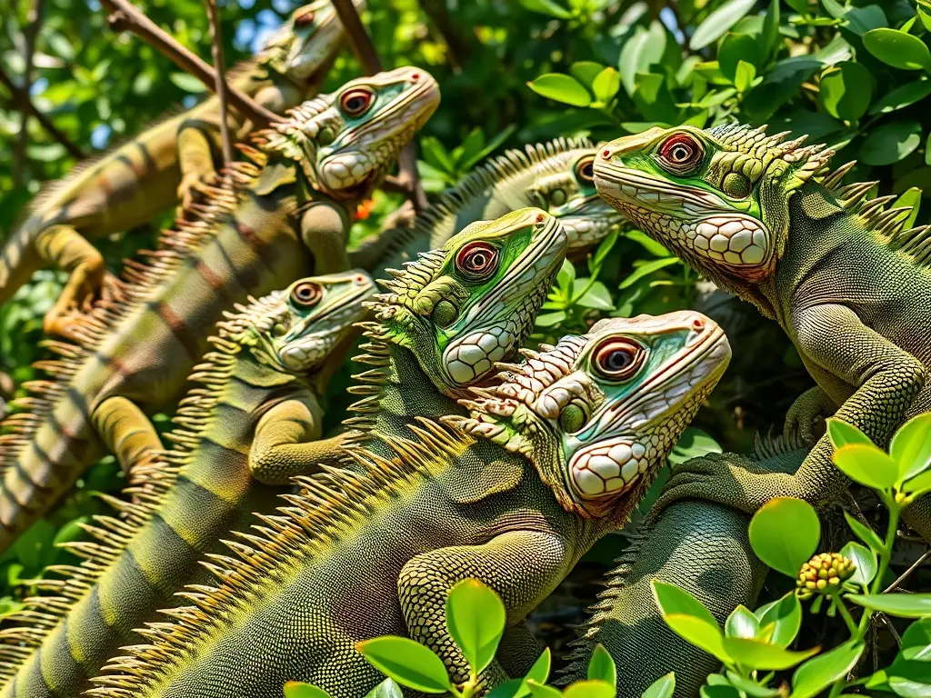 Una obra maestra de iguanas verdes en réalisma 8K