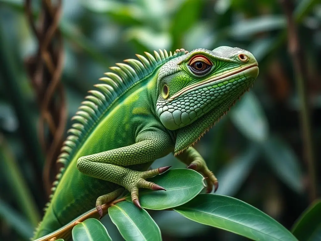 Imagen realista de iguana verde en brote tropical, sin elementos añadidos