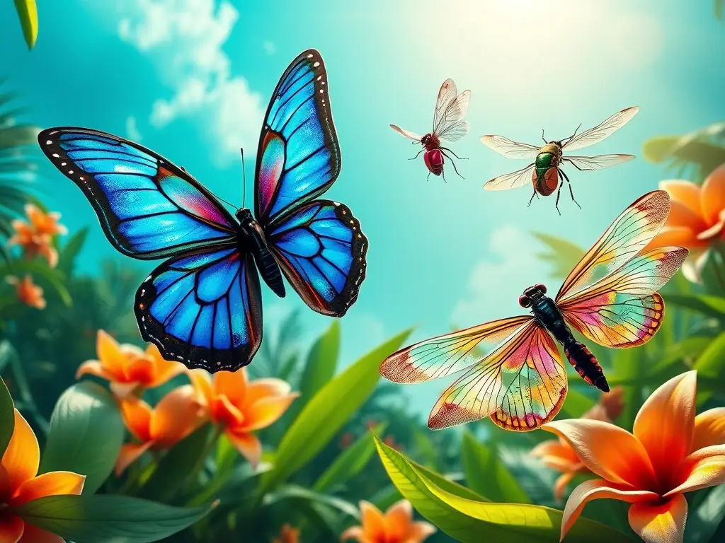Ilustración fotorealista de insectos tropicales vibrantes