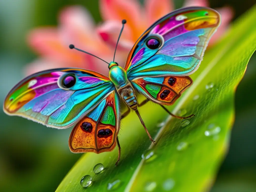 Mariposa orquídea iridiscente sobre hoja tropical