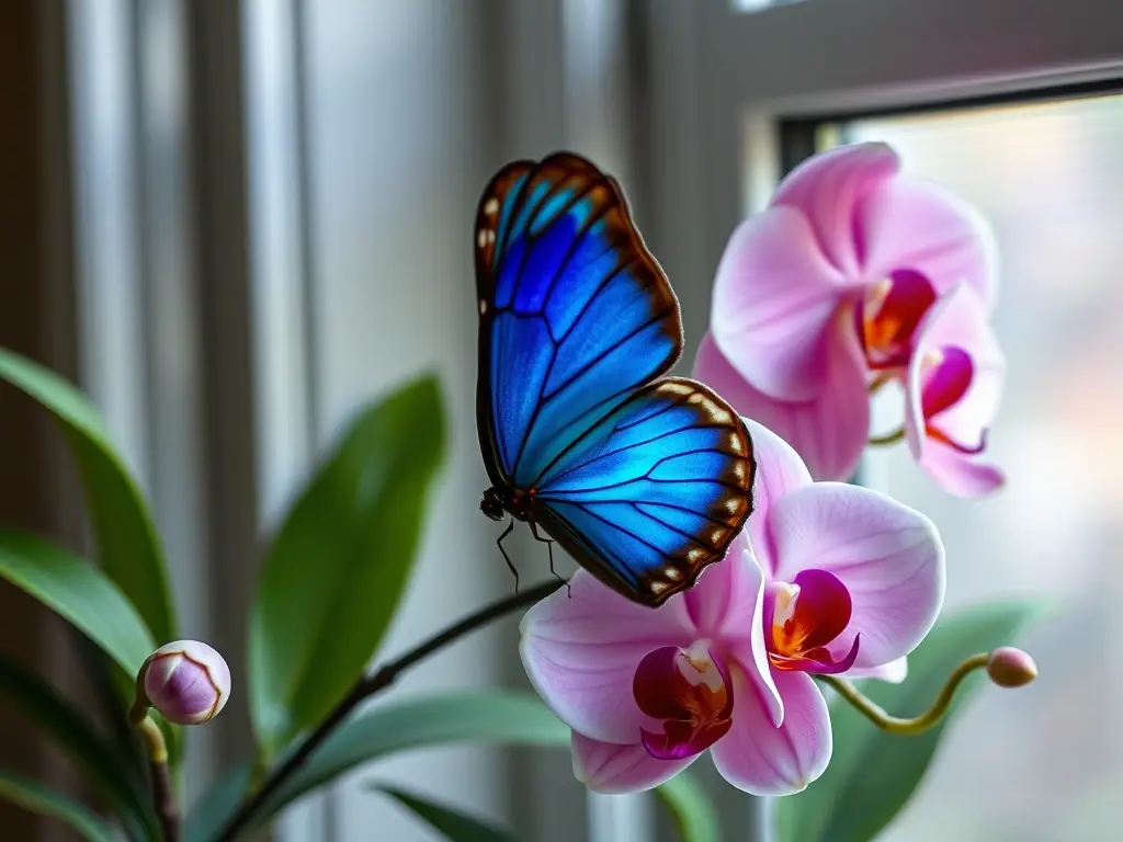 Fotografía realista, Morpho azul, en flor, cerca de la ventana