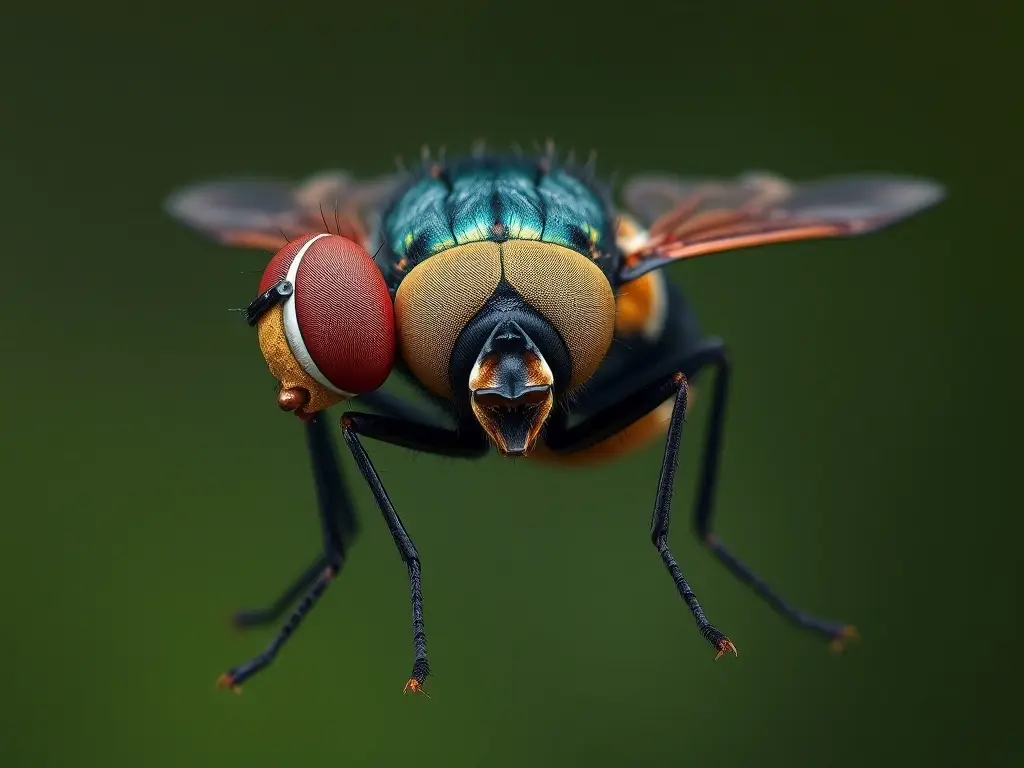 Fotografía realística de alta resolución de una mosca doméstica con anatomía real y perfecta