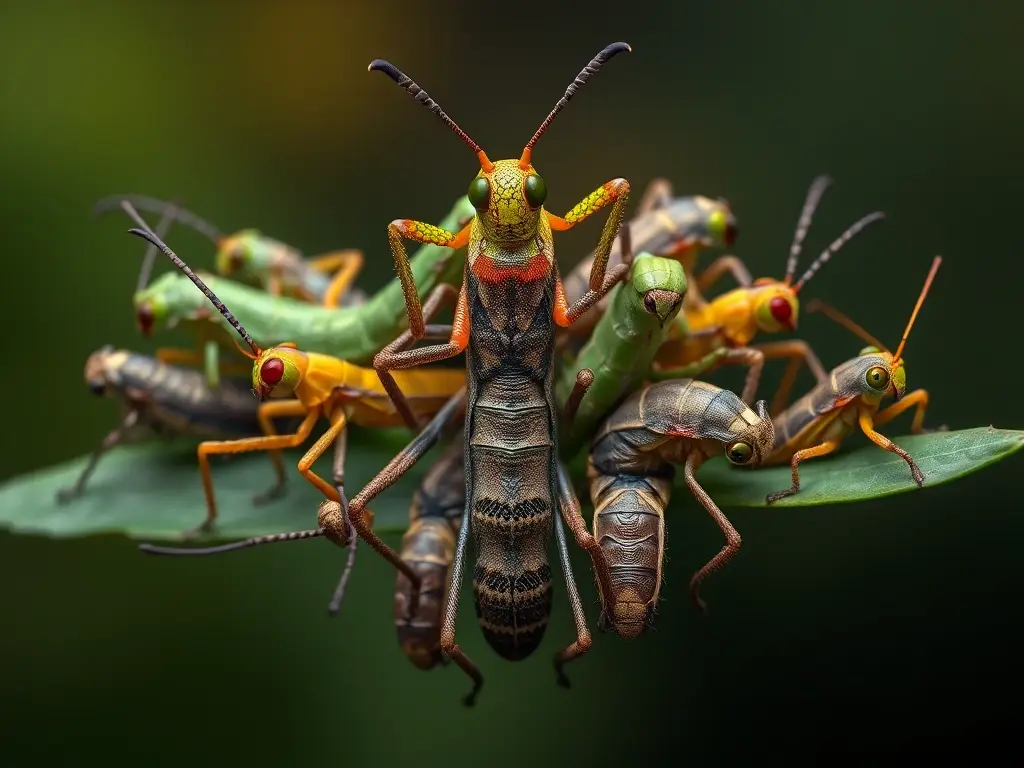 Foto realista de insectos voladores, variedad, detalles, naturaleza, 8k